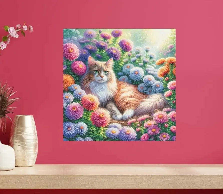 September Birthday Aster Flower Cat Lover  -  Wall Art Decor Gift - 8x8 Size