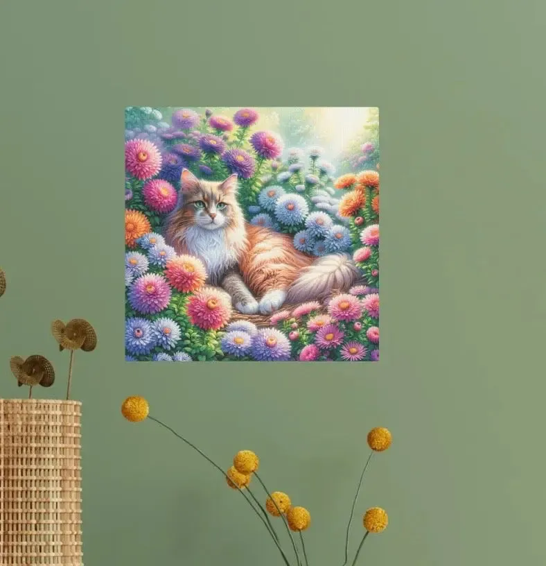 September Birthday Aster Flower Cat Lover  -  Wall Art Decor Gift - 8x8 Size