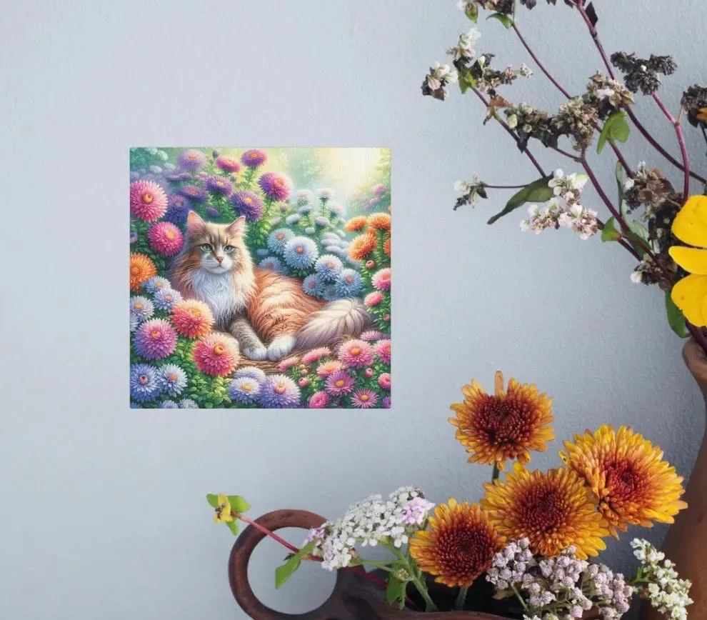 September Birthday Aster Flower Cat Lover  -  Wall Art Decor Gift - 8x8 Size