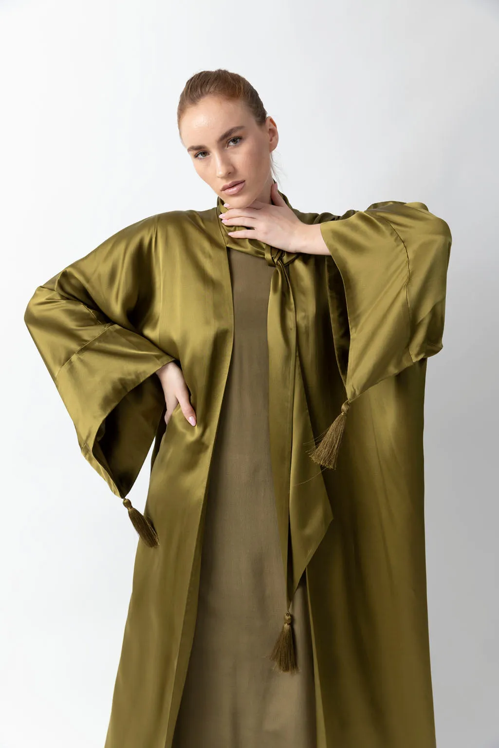 Shawl Featured Olive Green Pure Silk Abaya WV2216