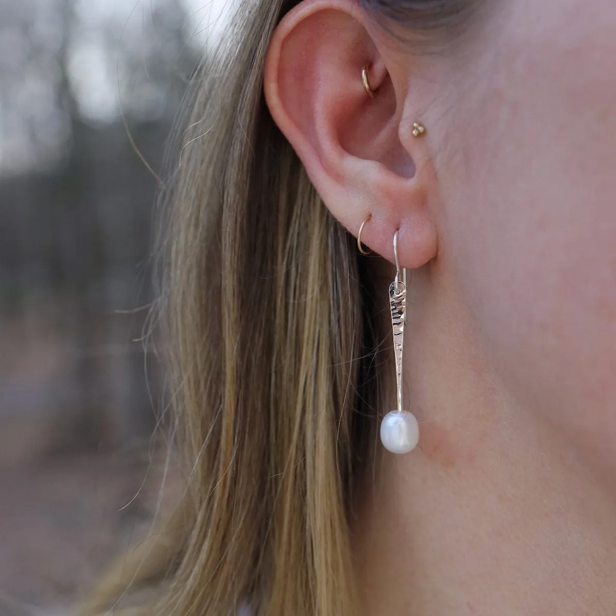 Silver Stick Earrings with Pearl - Small