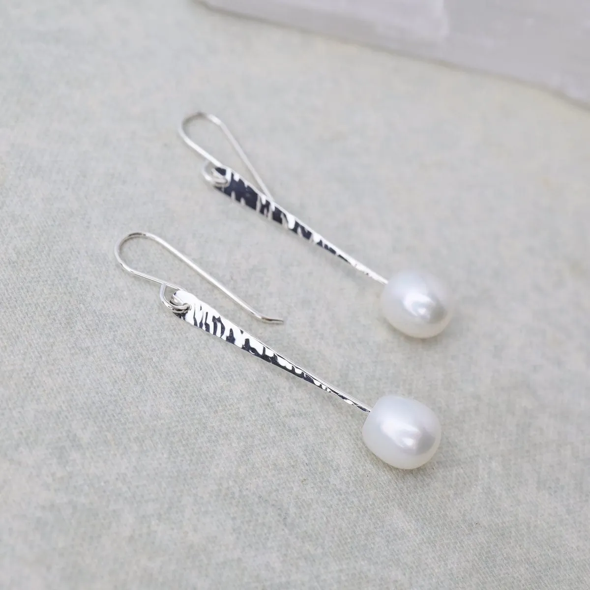 Silver Stick Earrings with Pearl - Small