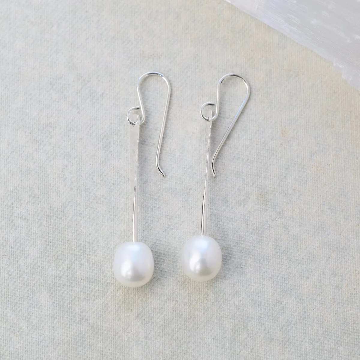 Silver Stick Earrings with Pearl - Small