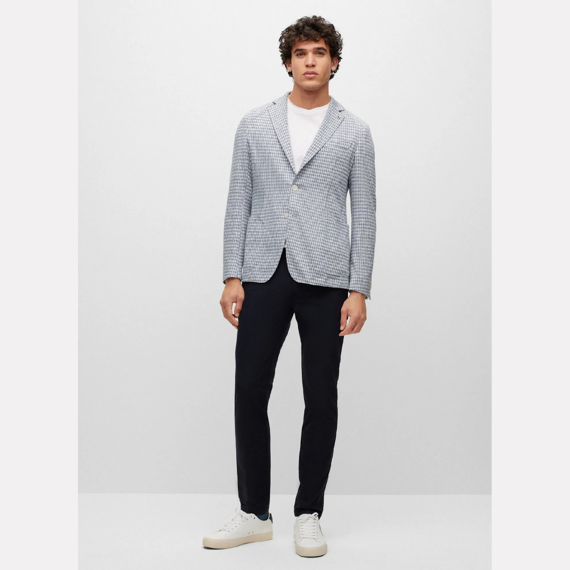 Slim-fit Jacket in a Checked Linen-Cotton Jersey / Open Blue