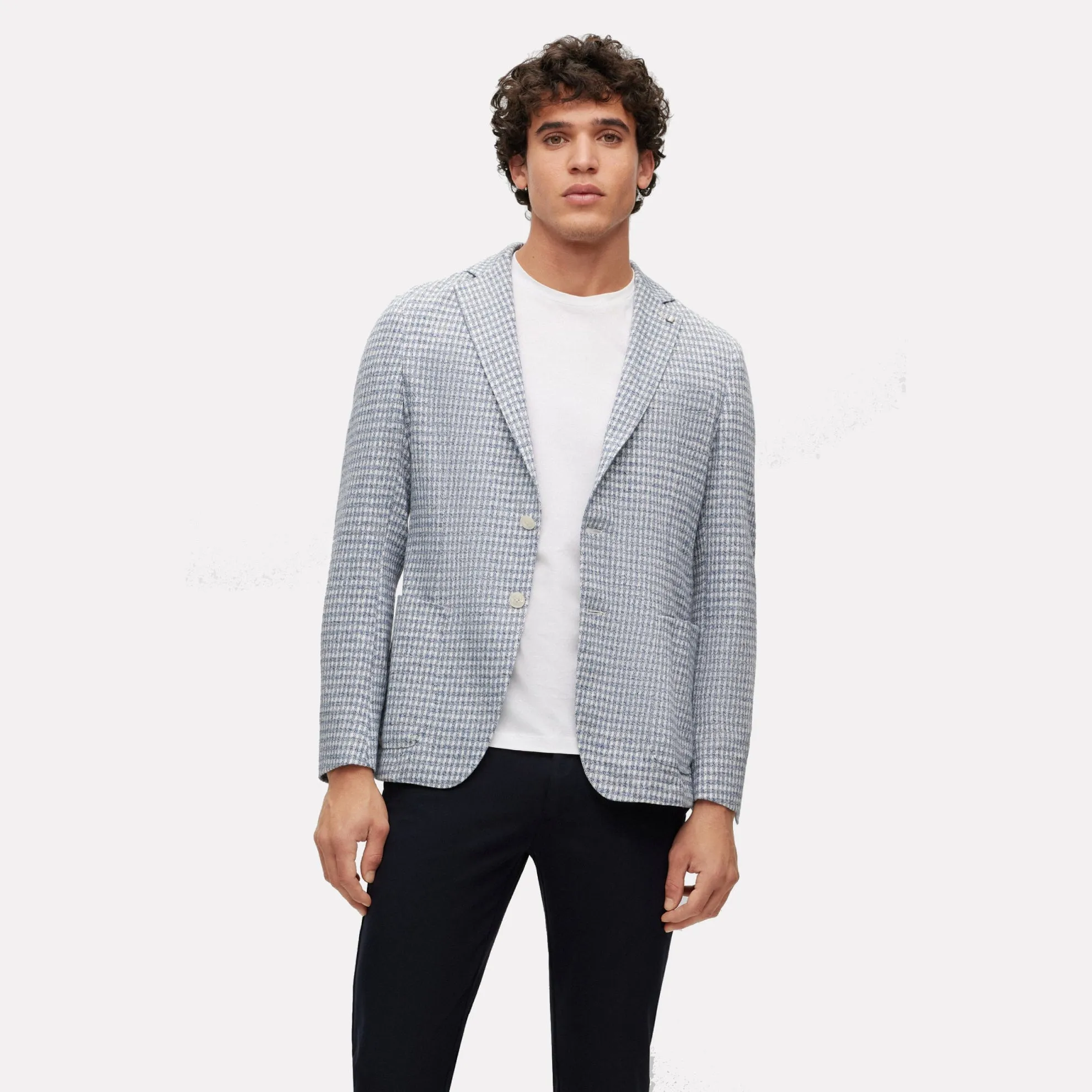 Slim-fit Jacket in a Checked Linen-Cotton Jersey / Open Blue