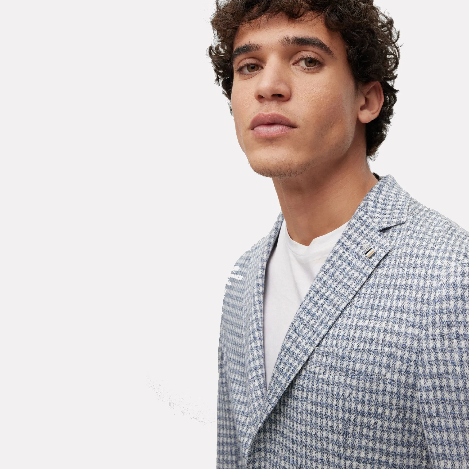 Slim-fit Jacket in a Checked Linen-Cotton Jersey / Open Blue