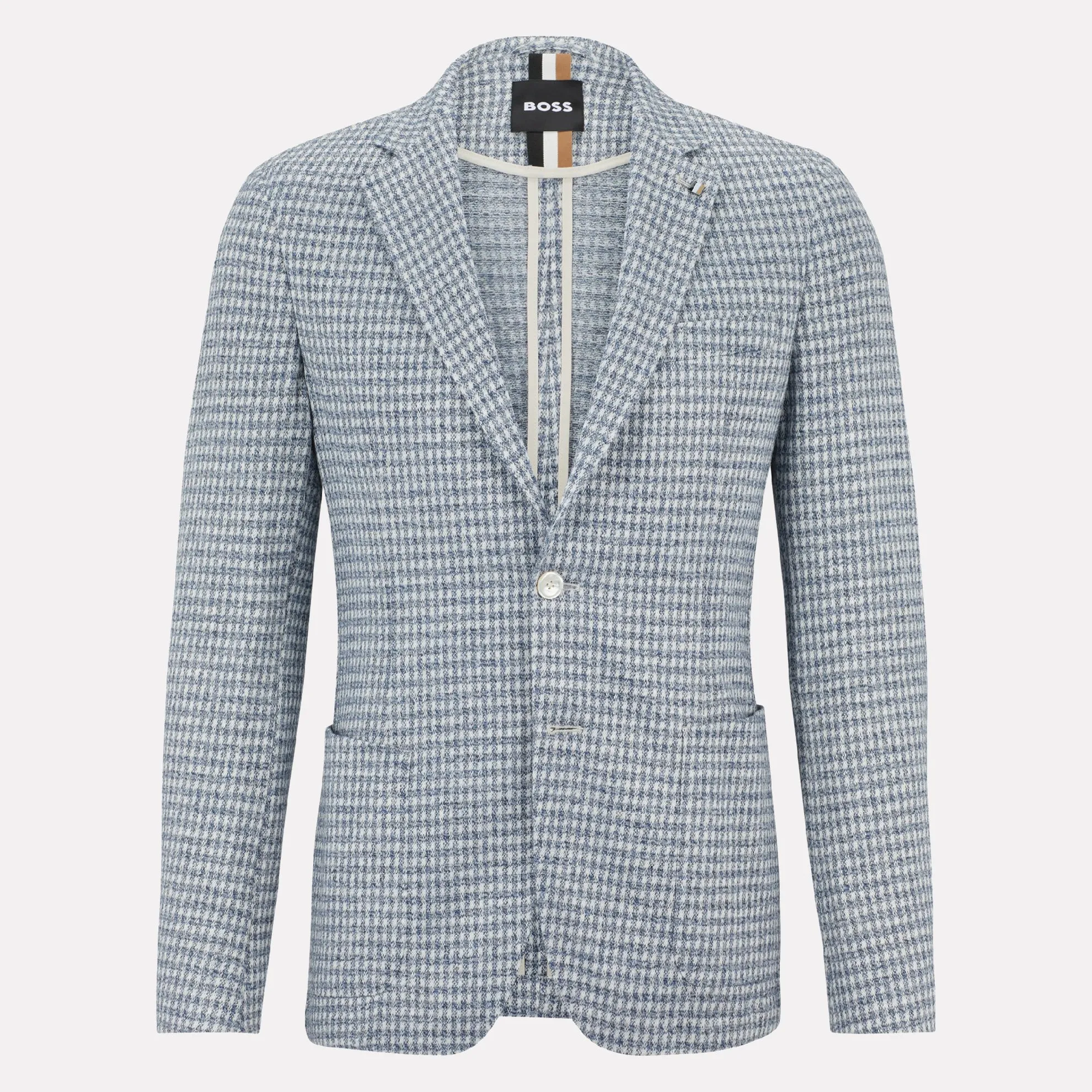 Slim-fit Jacket in a Checked Linen-Cotton Jersey / Open Blue