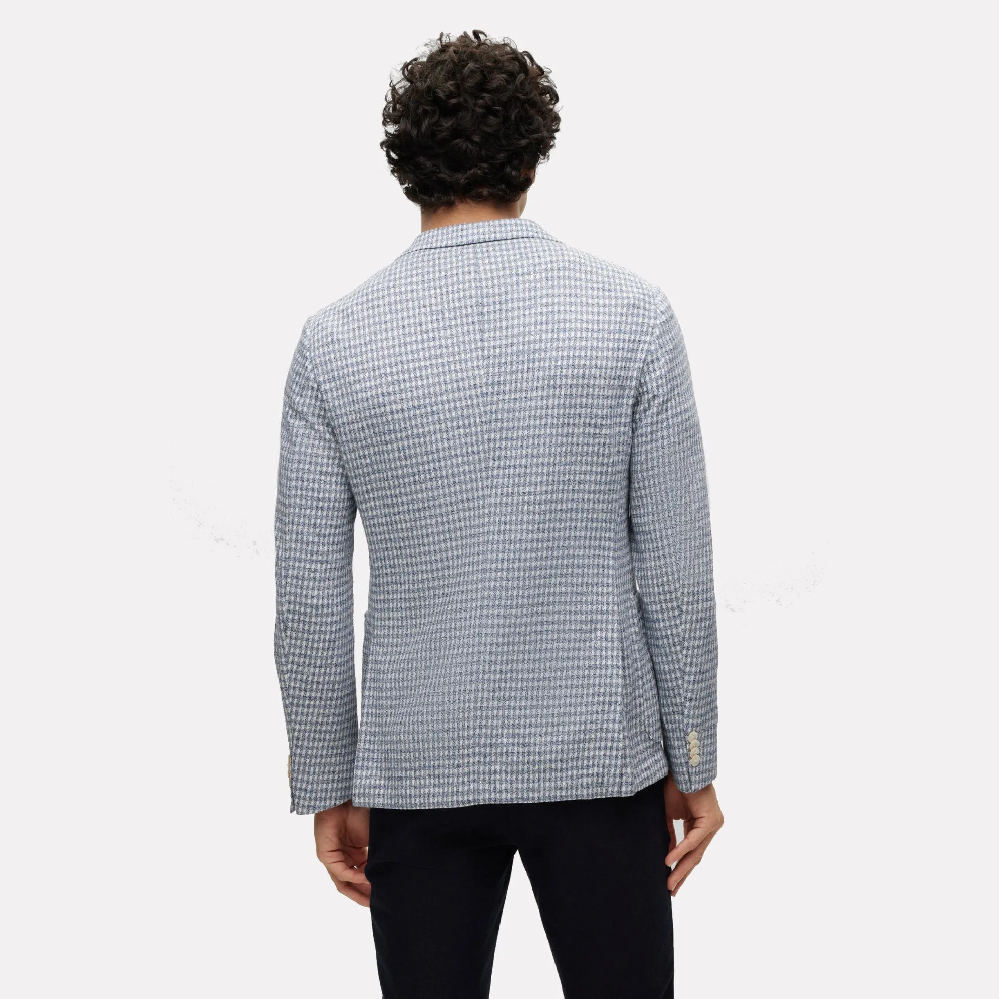 Slim-fit Jacket in a Checked Linen-Cotton Jersey / Open Blue