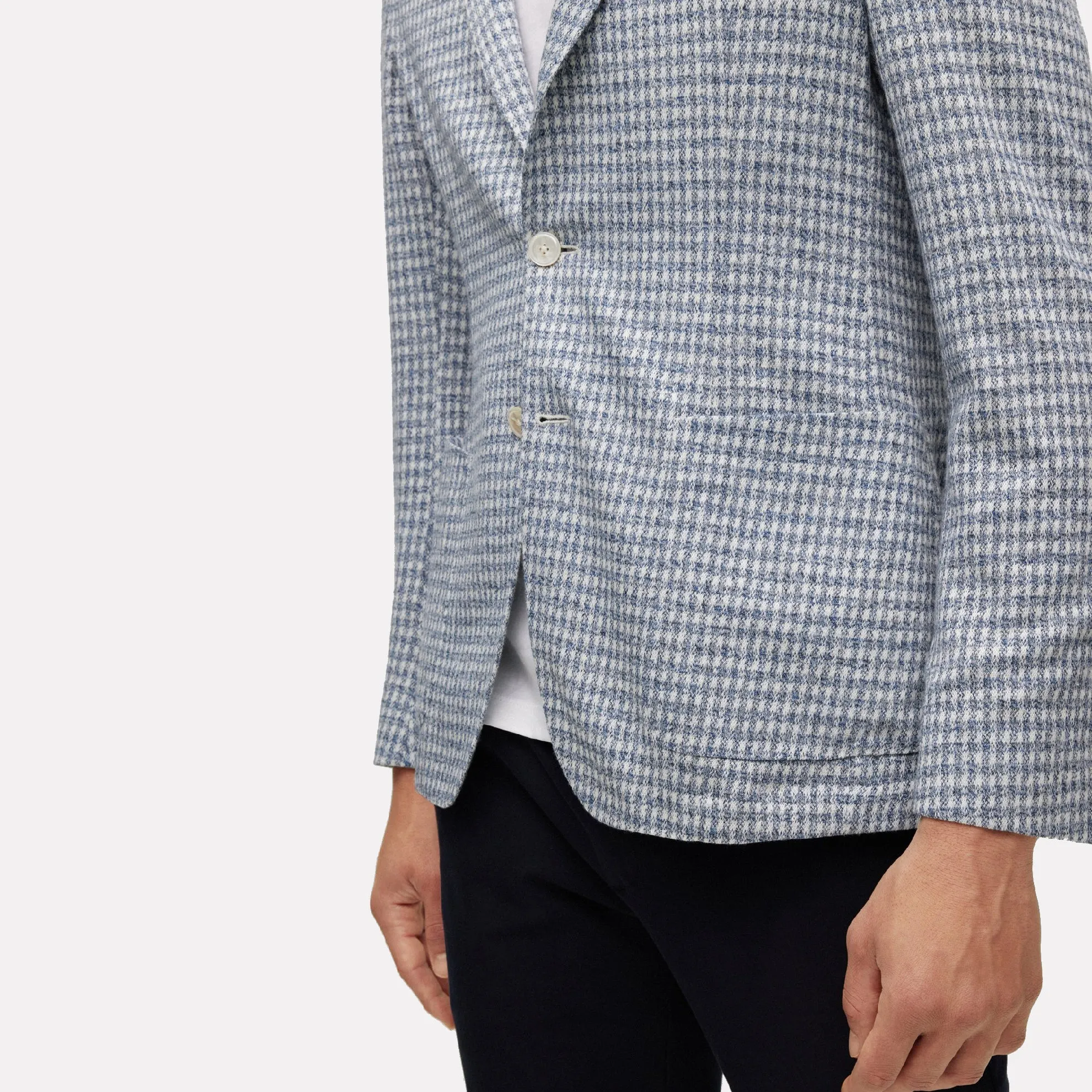 Slim-fit Jacket in a Checked Linen-Cotton Jersey / Open Blue
