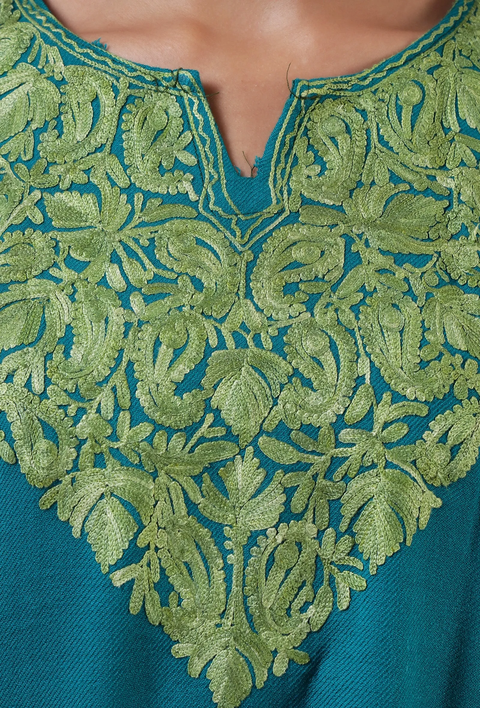 Teal Blue Woolen Ari Embroidered Phiran- Free Size