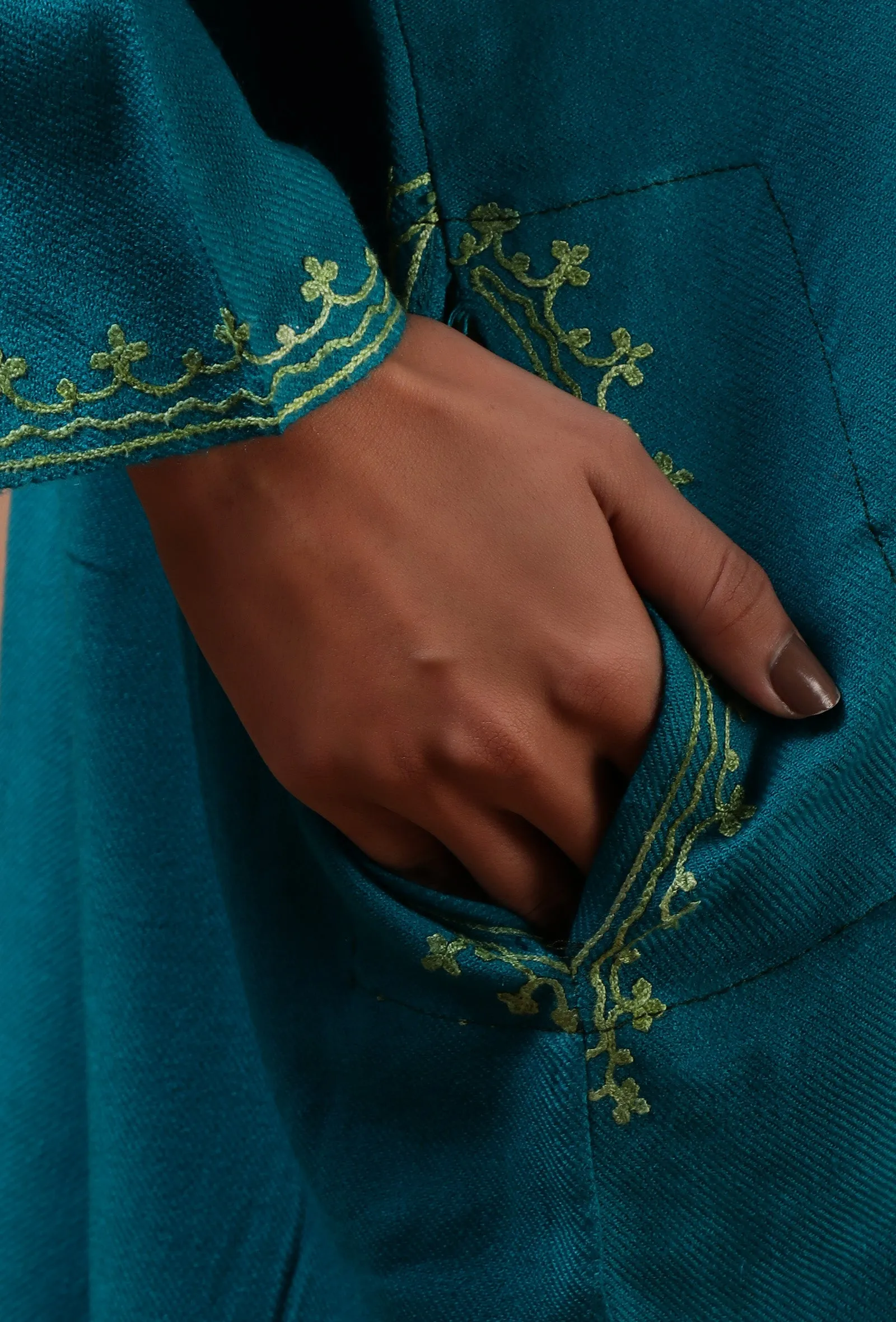 Teal Blue Woolen Ari Embroidered Phiran- Free Size