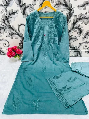 Teal Chikankari Bliss Combo: Dyeable Pure Cotton Kurti & Palazzo Set