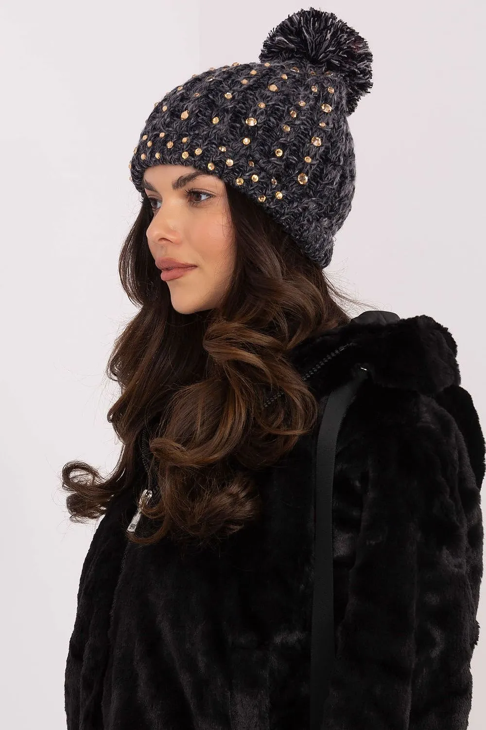 TEEK - Black Bejeweled Pom Pom Top Beanie