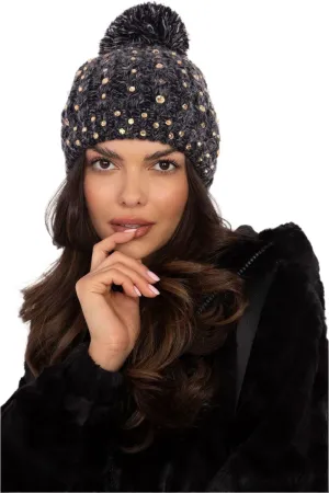 TEEK - Black Bejeweled Pom Pom Top Beanie