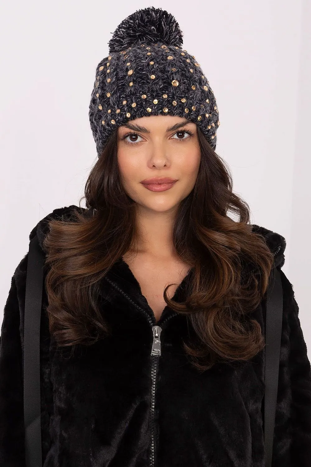 TEEK - Black Bejeweled Pom Pom Top Beanie