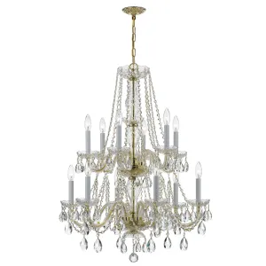 Traditional Crystal 12 Light Hand Cut Crystal Polished Brass Chandelier