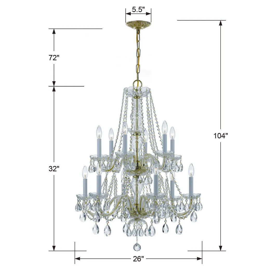 Traditional Crystal 12 Light Hand Cut Crystal Polished Brass Chandelier
