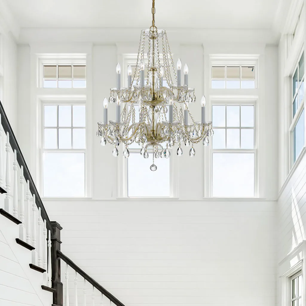 Traditional Crystal 12 Light Hand Cut Crystal Polished Brass Chandelier
