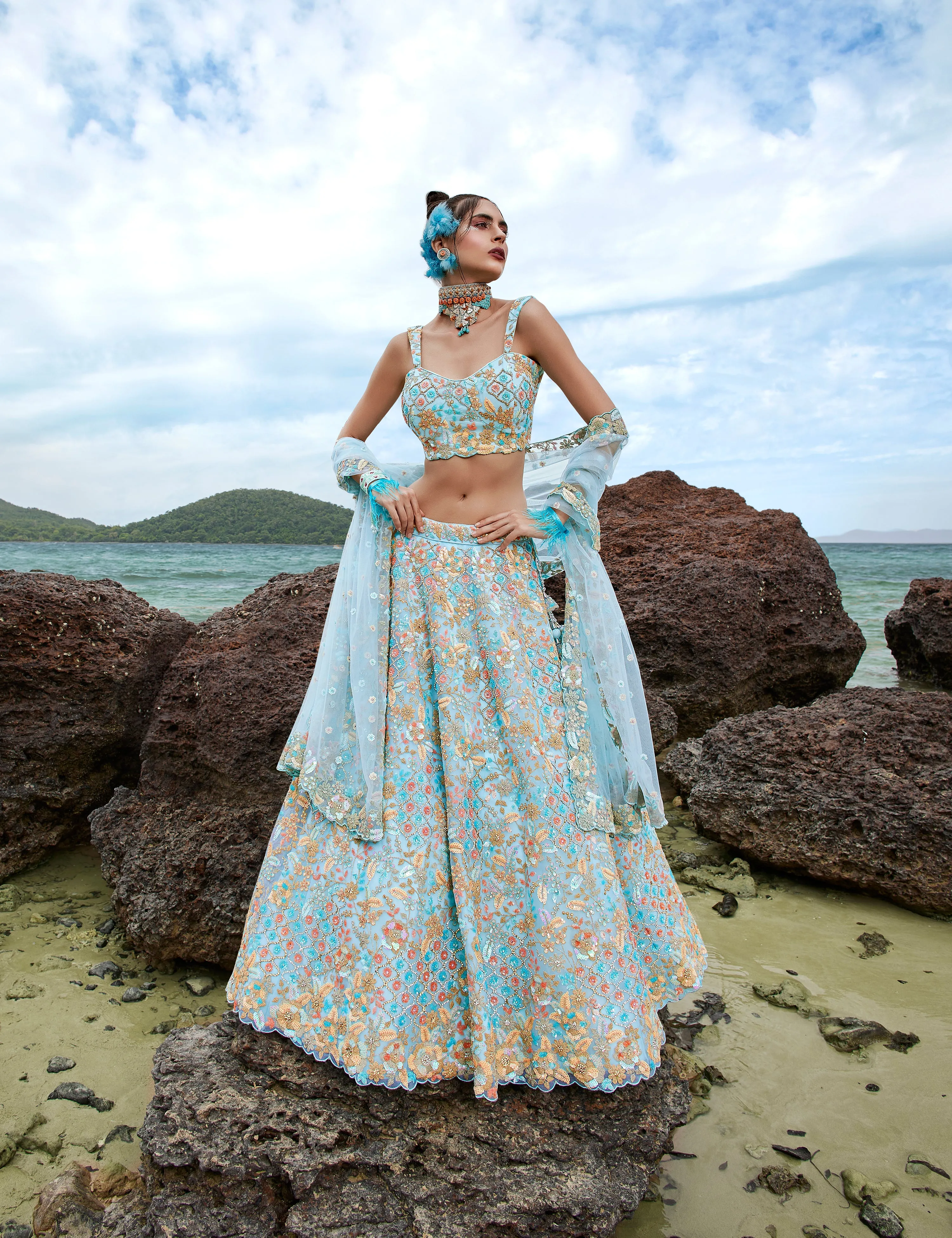 Turquoise blue Net Multi colour Sequins, Zarkans and thread embroidery Semi-Stitched Lehenga choli & Dupatta