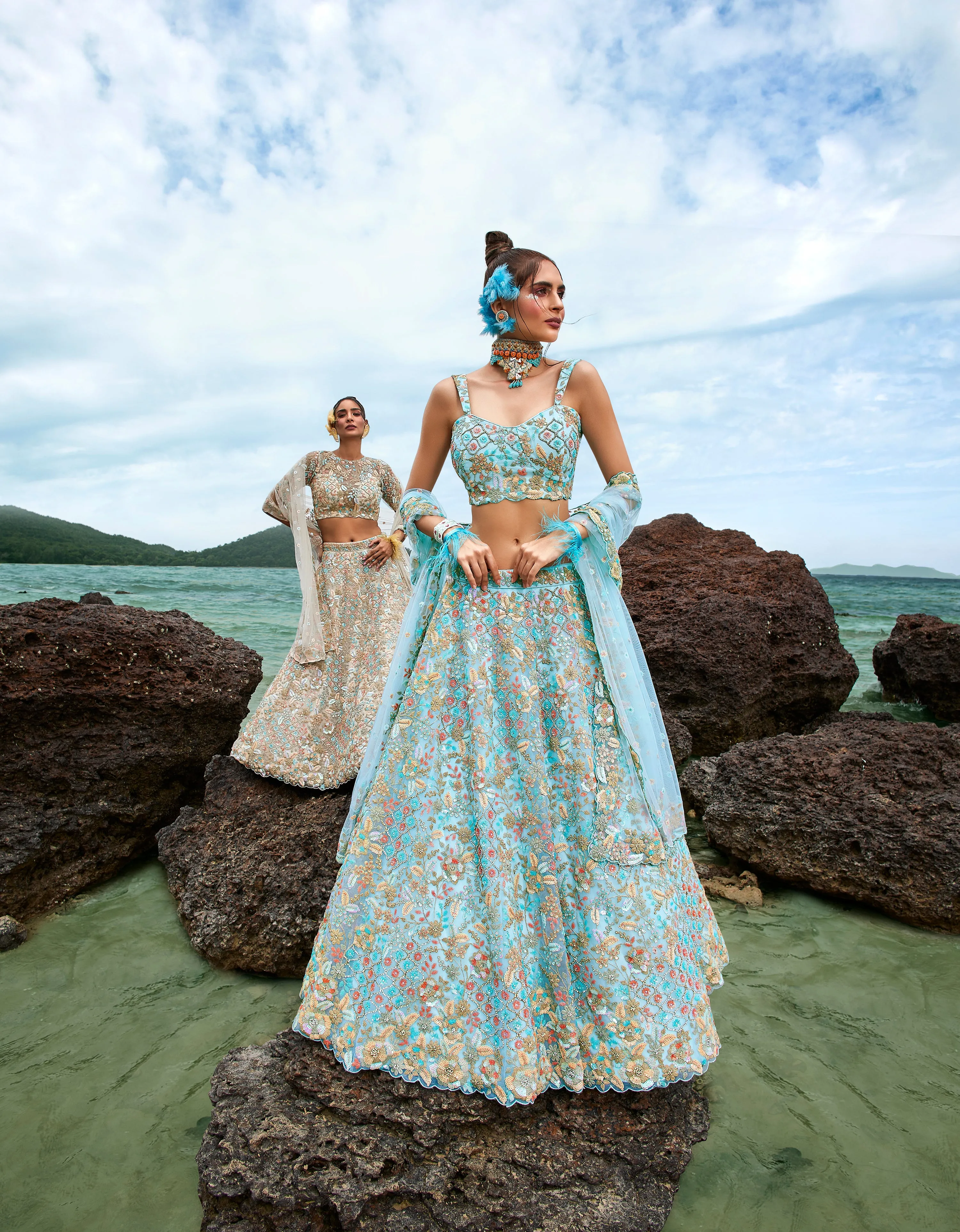 Turquoise blue Net Multi colour Sequins, Zarkans and thread embroidery Semi-Stitched Lehenga choli & Dupatta