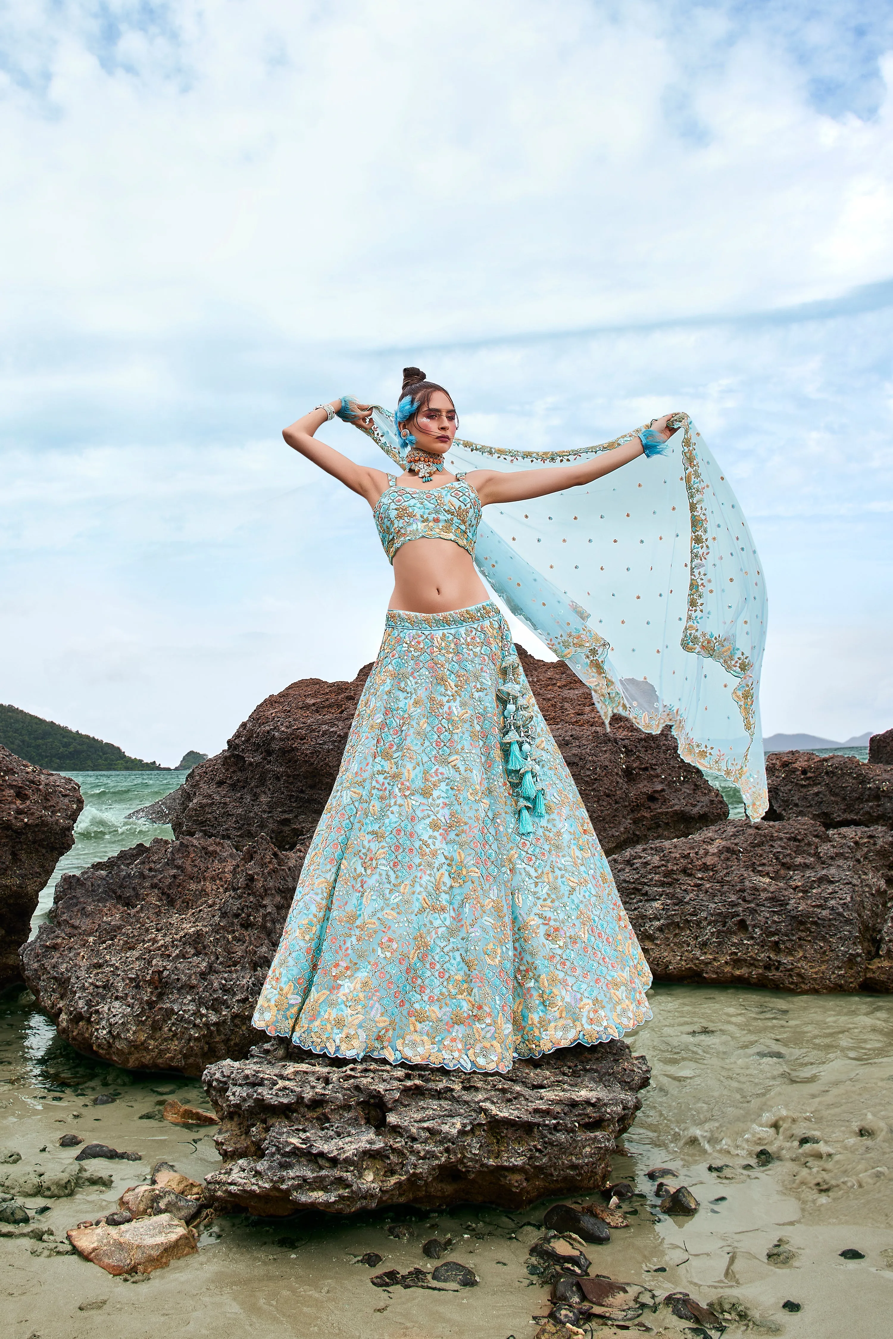 Turquoise blue Net Multi colour Sequins, Zarkans and thread embroidery Semi-Stitched Lehenga choli & Dupatta
