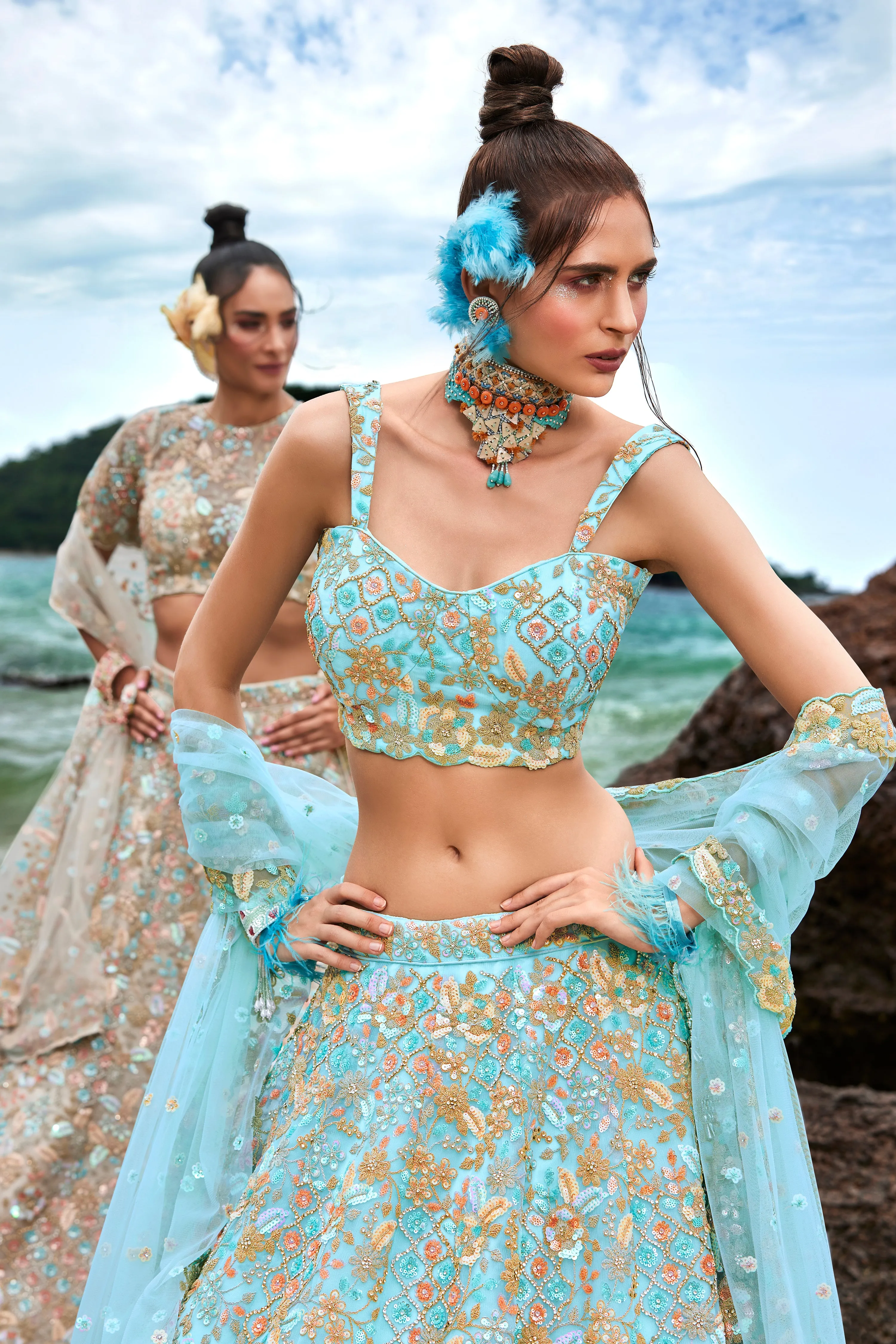 Turquoise blue Net Multi colour Sequins, Zarkans and thread embroidery Semi-Stitched Lehenga choli & Dupatta