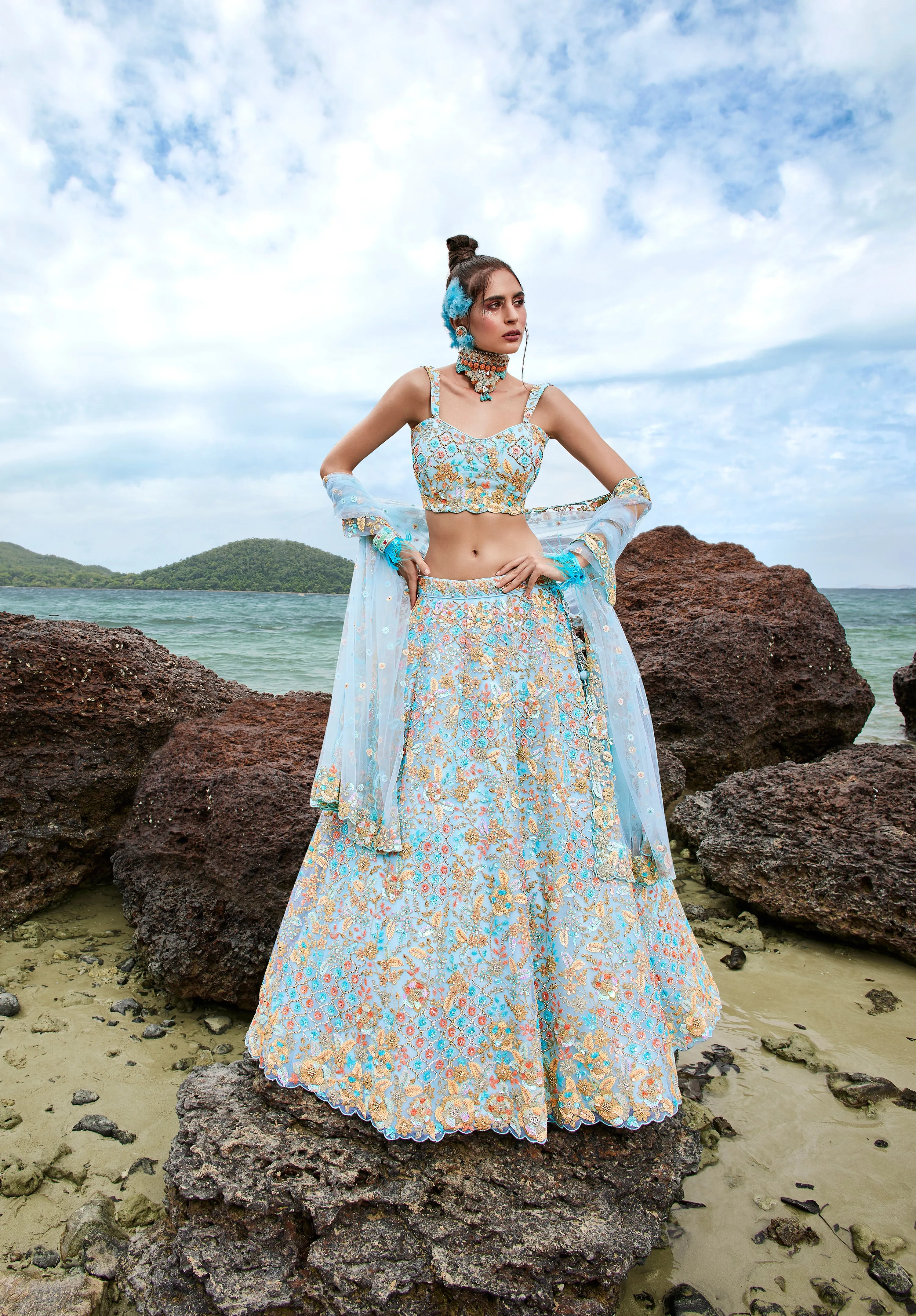 Turquoise blue Net Multi colour Sequins, Zarkans and thread embroidery Semi-Stitched Lehenga choli & Dupatta