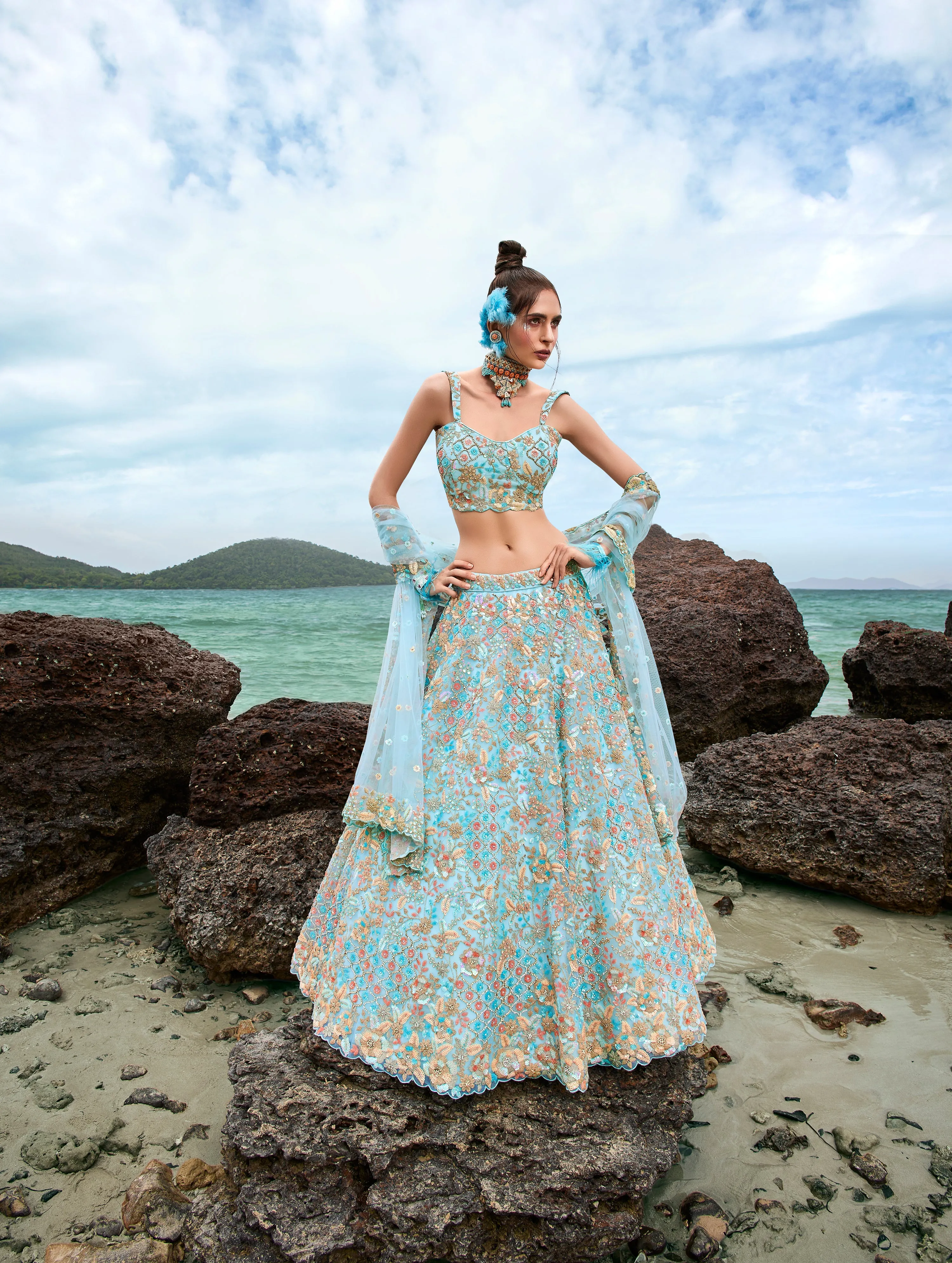 Turquoise blue Net Multi colour Sequins, Zarkans and thread embroidery Semi-Stitched Lehenga choli & Dupatta