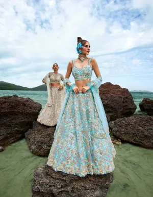 Turquoise blue Net Multi colour Sequins, Zarkans and thread embroidery Semi-Stitched Lehenga choli & Dupatta