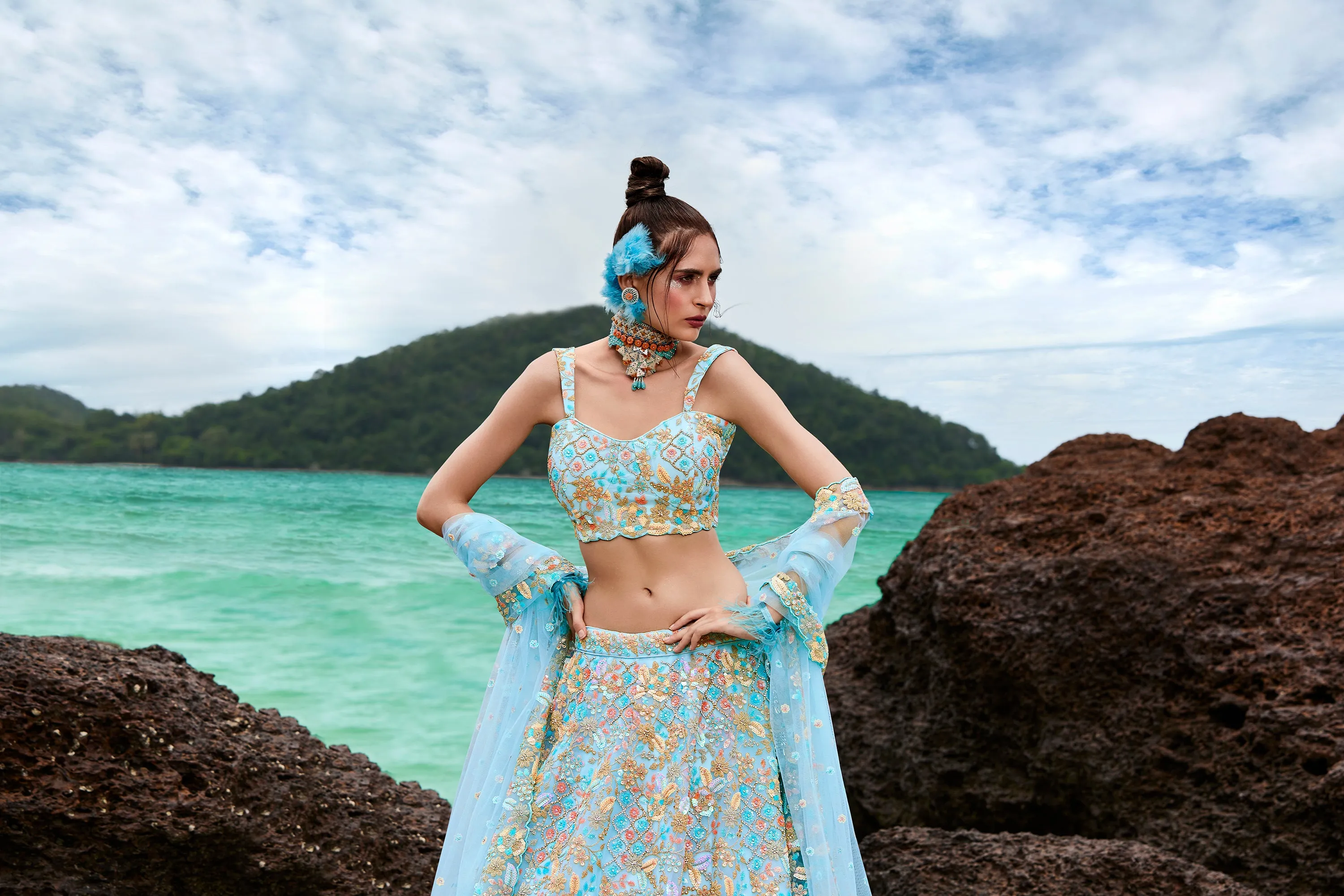Turquoise blue Net Multi colour Sequins, Zarkans and thread embroidery Semi-Stitched Lehenga choli & Dupatta