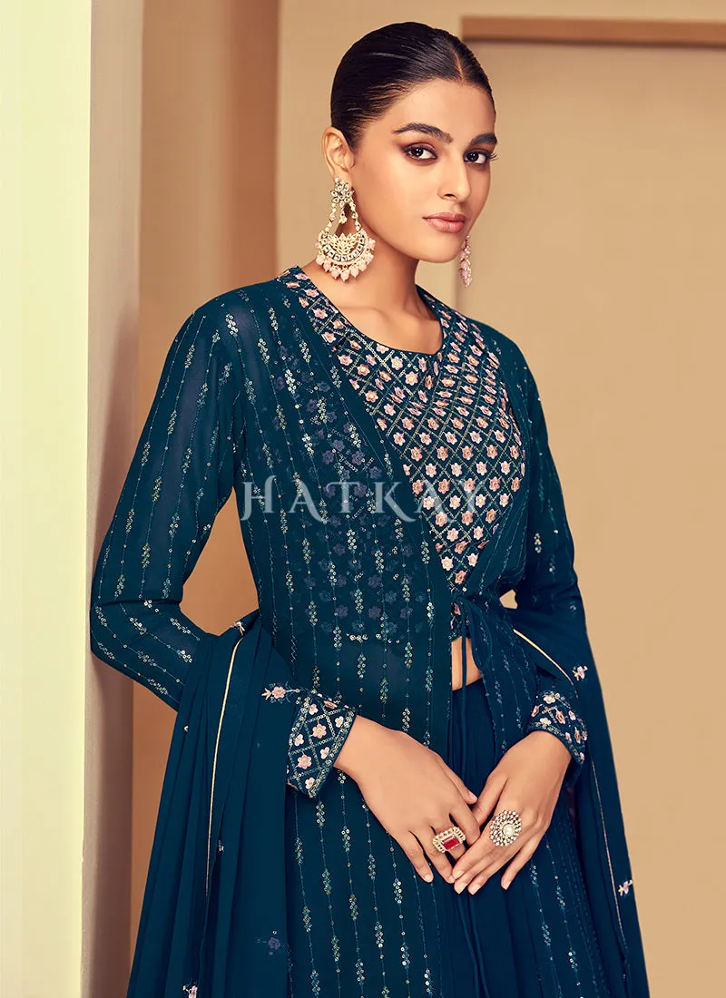 Turquoise Sequence Embroidered Jacket Style Gharara Suit
