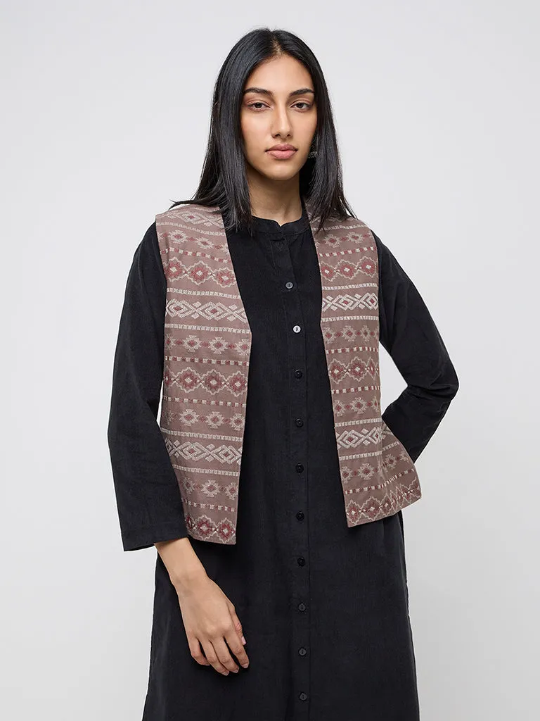 Utsa Taupe Embroidered Cotton Jacket