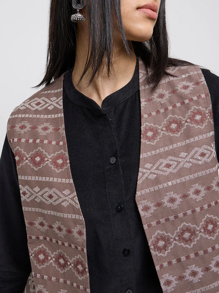 Utsa Taupe Embroidered Cotton Jacket