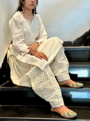 White Golden Sequence Chikan Patiala Ensemble