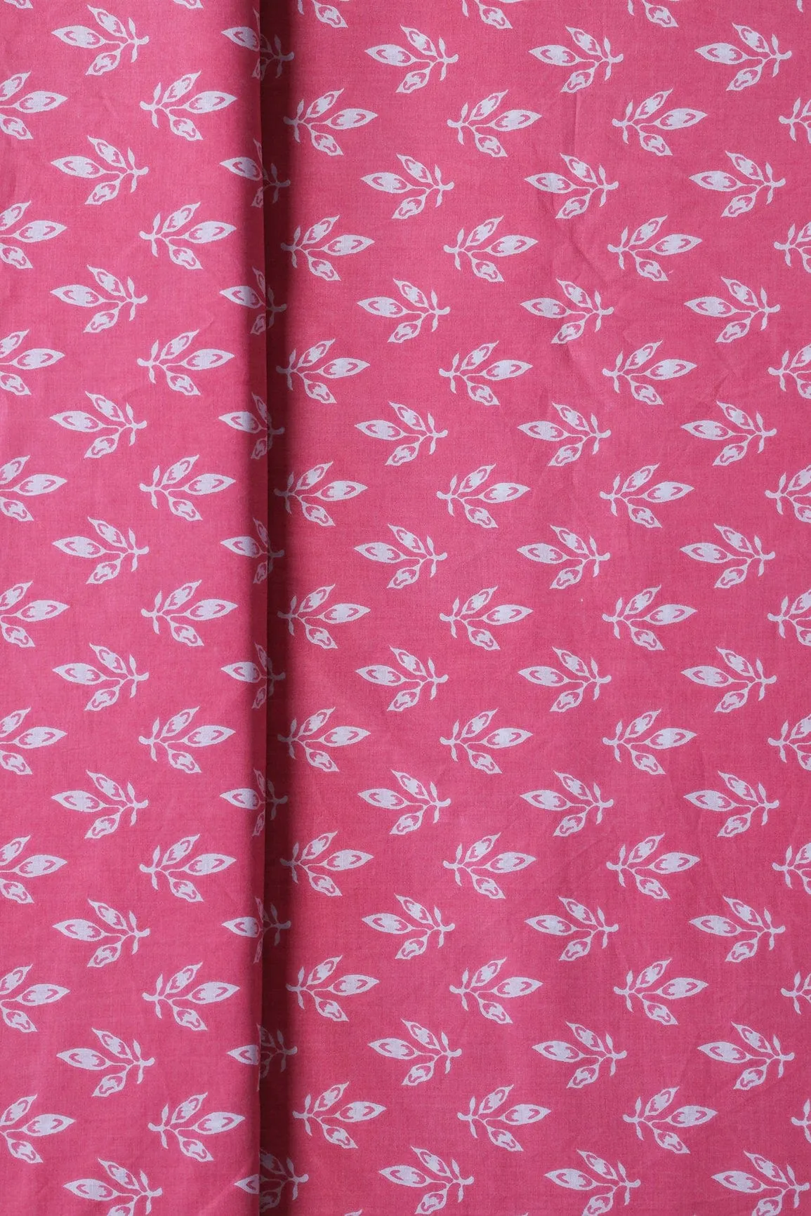 White Leafy Print On Pink Pure Cotton Fabric