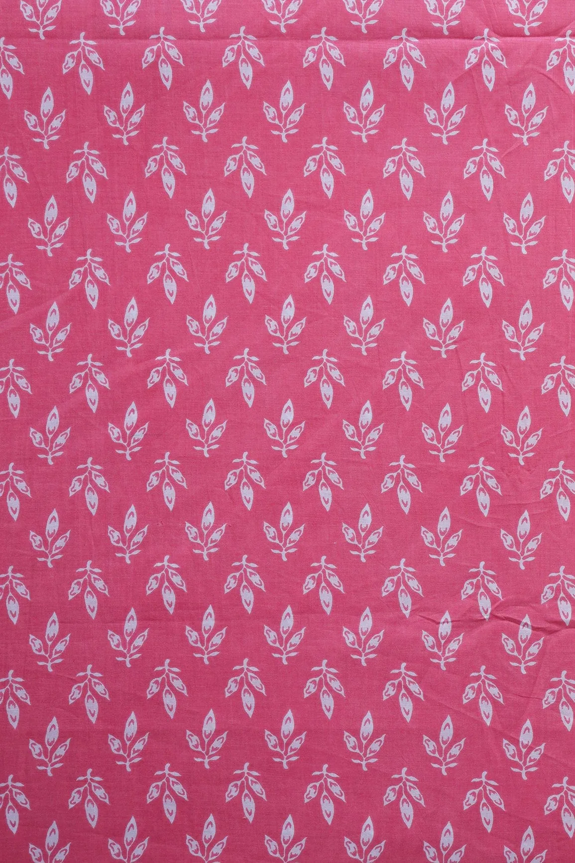 White Leafy Print On Pink Pure Cotton Fabric