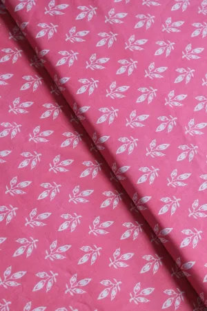 White Leafy Print On Pink Pure Cotton Fabric