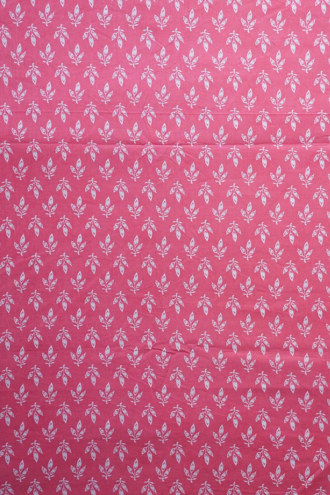 White Leafy Print On Pink Pure Cotton Fabric