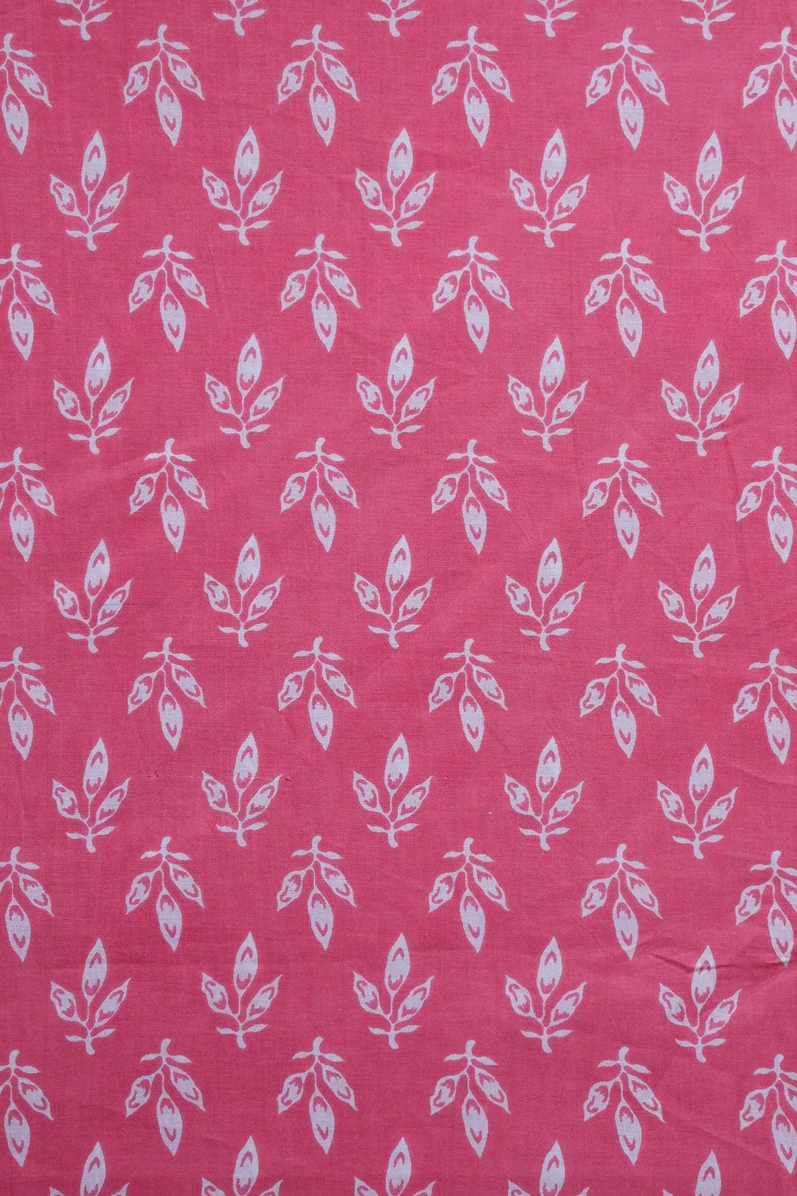White Leafy Print On Pink Pure Cotton Fabric