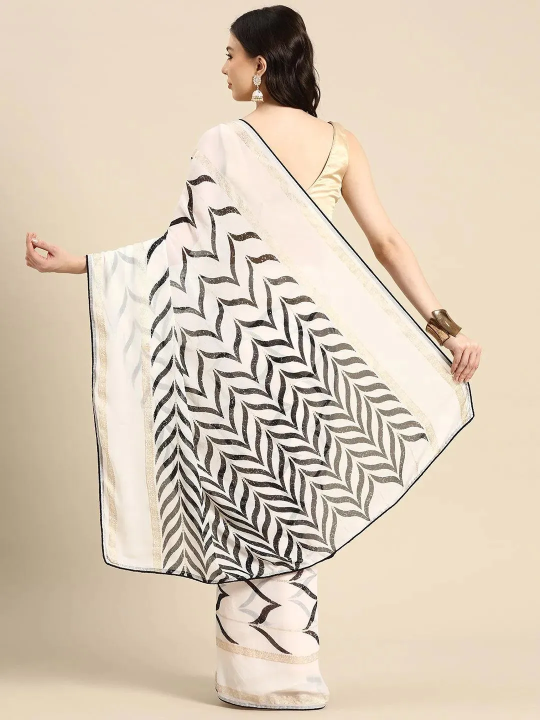 White Printed Chiffon Saree