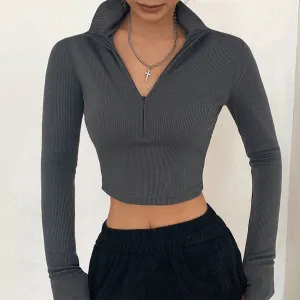 Women's Fashion Wear Long Sleeve Zipper Half-open Collar Navel Blouses