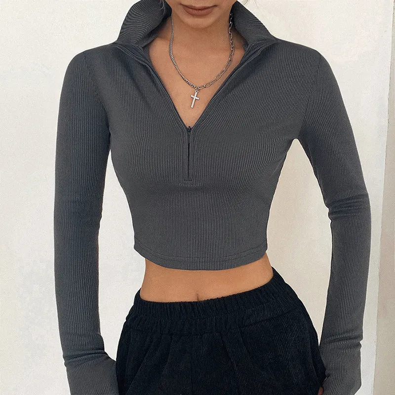 Women's Fashion Wear Long Sleeve Zipper Half-open Collar Navel Blouses
