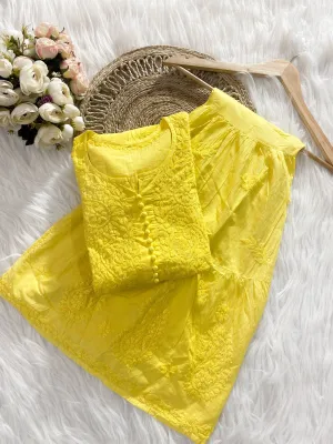 Yellow Pure Mal Mal Dyed Gharara Co-ord Set with Lucknow Chikankari Work