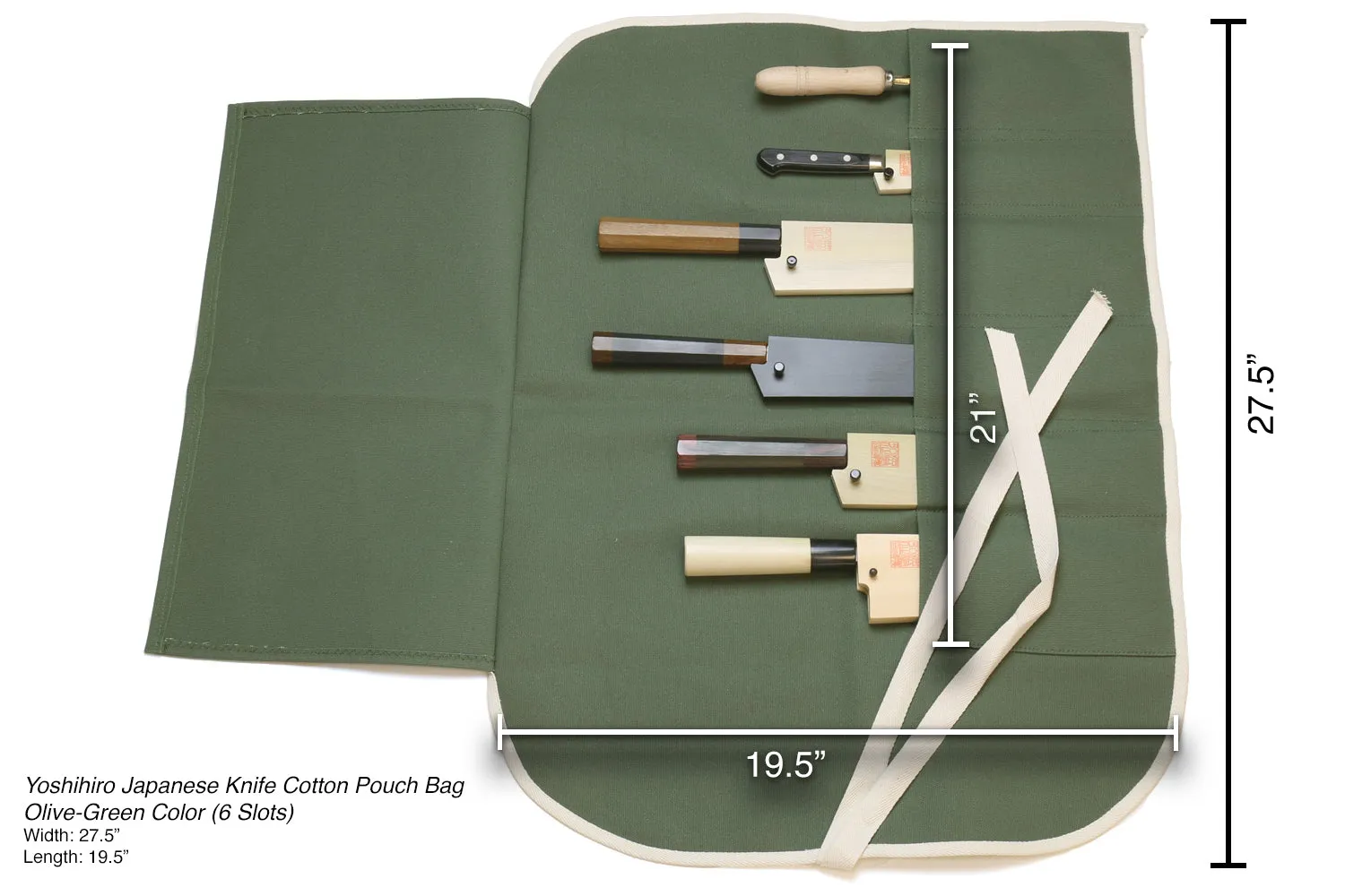 Yoshihiro Japanese Knife Cotton Pouch Bag Olive-Green Color (6 Slots)